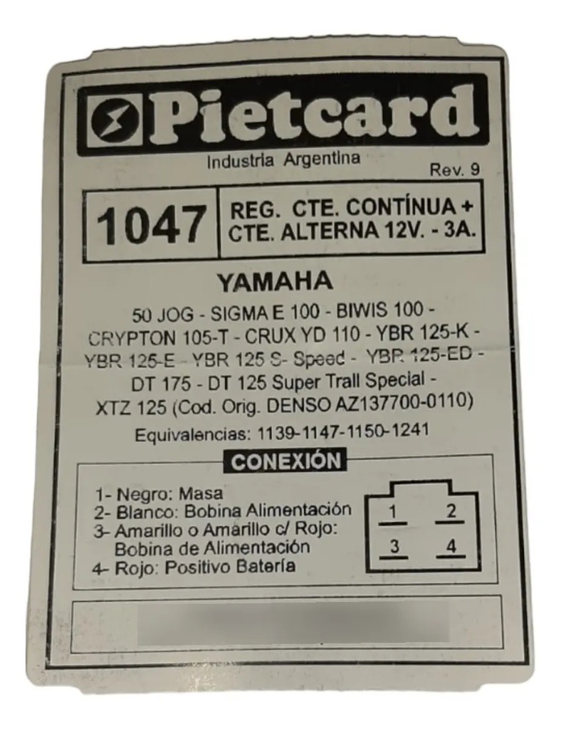 Pietcard 1047 Regulador Voltaje Ybr 125 Xtz 125  Crypton Rpm