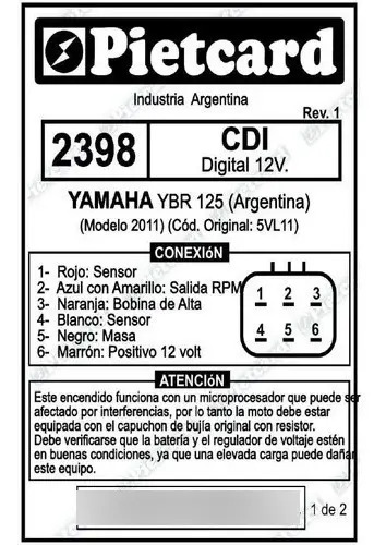 Cdi Pietcard 2398 Ybr 125 Nacional A Bateria Rpm 764