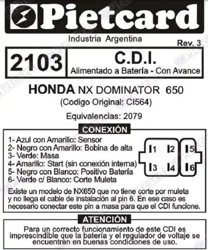 Pietcard 2103 Cdi Honda Nx 650 Dominator A Bateria