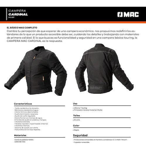 Campera Moto Mujer Mac Cardinal Cordura Protecciones Rpm Negro Cardinal Xs