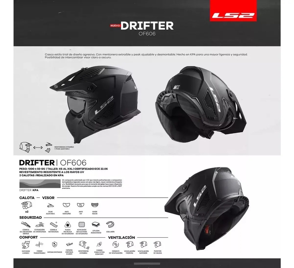 Casco Moto Abierto Mentonera Desmontable Ls2 606 Drifter Rpm Gris/rojo Devor Mate S