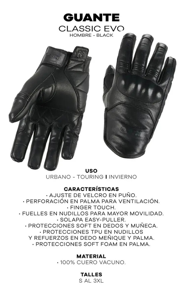 Guante Moto Nto Classic Evo Protecciones Cuero Mujer Rpm Negro M