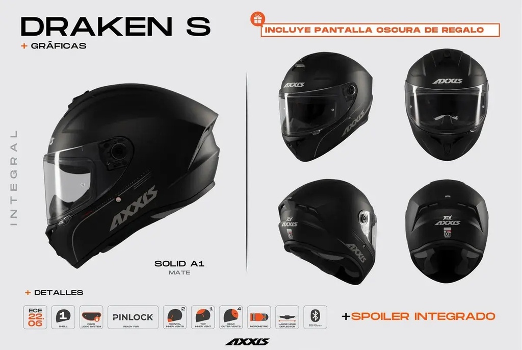 Casco Moto Integral Axxis Draken S Solid Doble Visor Rpm Negro Mate S