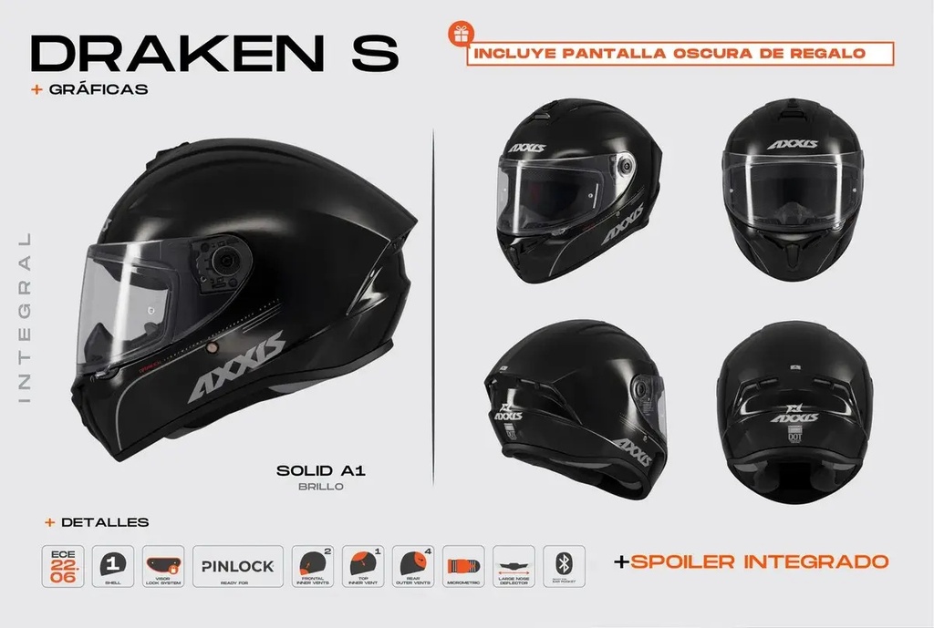 Casco Moto Integral Axxis Draken S Solid Doble Visor Rpm Negro Solid Brillante Xxl