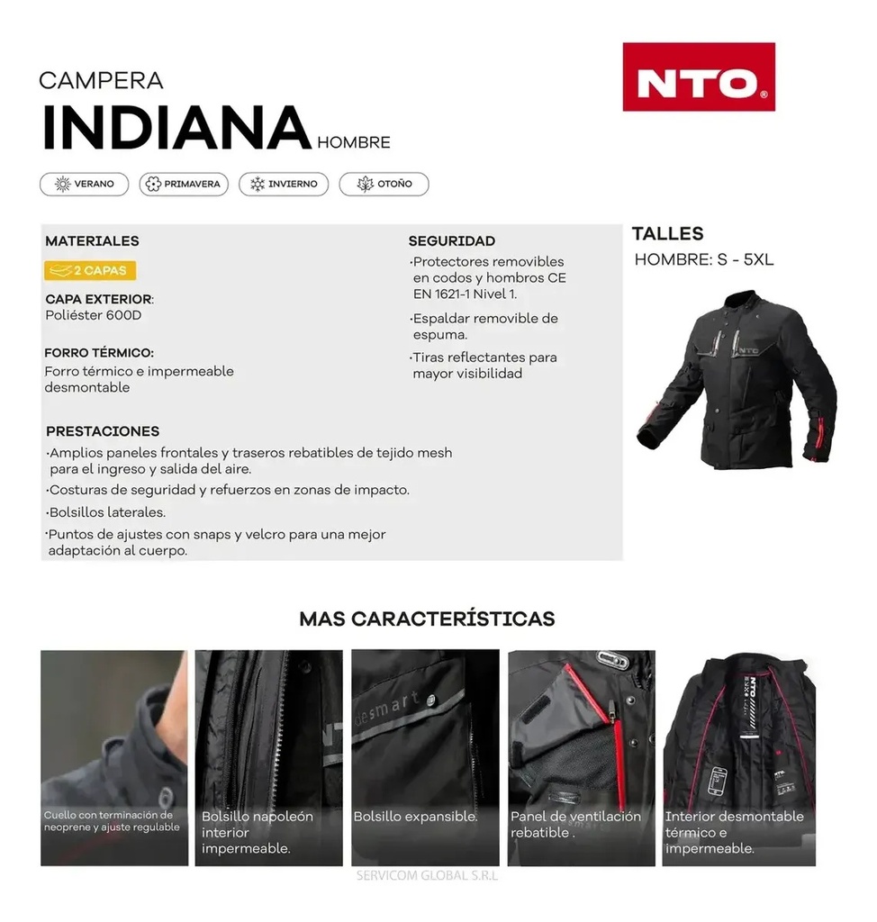 Campera Moto Hombre Nto Indiana Touring Con Protecciones Rpm Negro/rojo Cordura M