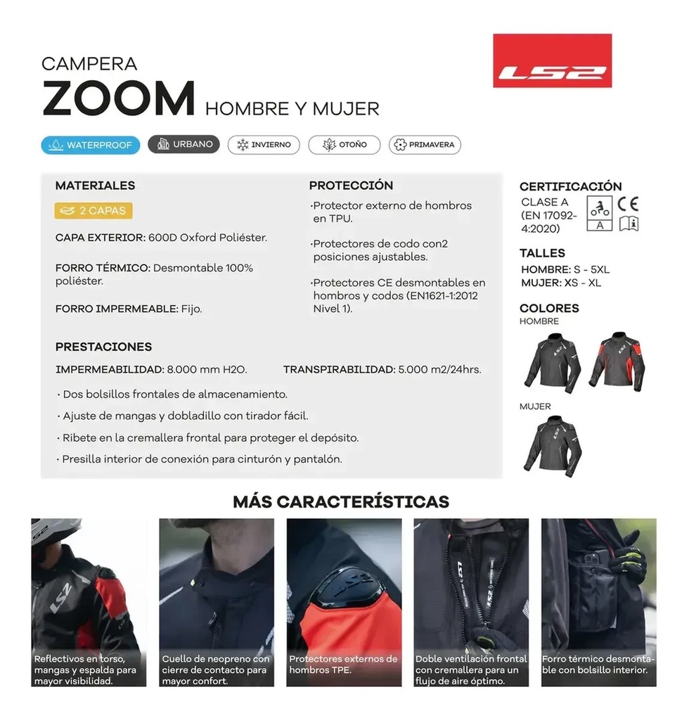Campera Moto Touring Hombre Ls2 Zoom Con Protecciones Rpm Negro Liso Xxl