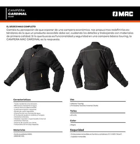 Campera Moto Mujer Mac Cardinal Cordura Protecciones Rpm Negro Cardinal L